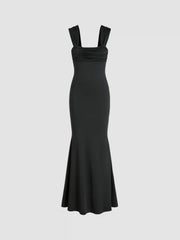 Solid Ruched U-neckline Ruffle Maxi Dress