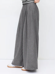 Wool-look Cotton-blend Mid Rise Striped Wide Leg Trousers