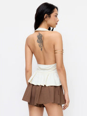 Halter Neckline Ruched Ruffle Hem Top