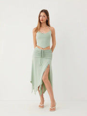 Halter Neckline Drawstring Top & Ruched Hanky Hem Maxi Skirt Set