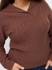 Cable Knit Collar Long Sleeve Cinched Waist Sweater Curve & Plus