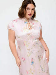 Satin Floral Mandarin Collar Tie Front Cut Out Maxi Mandarin Dress Curve & Plus