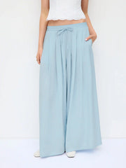 Cotton-blend Mid Rise Drawstring Ruched Wide Leg Trousers