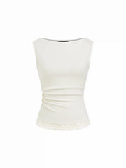 High Stretch Boat Neck Lace Panel Crop Top