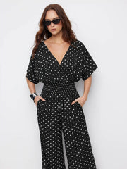 Chiffon V-neck Ruched Cloak Sleeve Oversized Jumpsuit