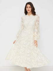 Lace Stand Collar Paisley Lantern Sleeve Maxi Dress