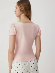 Cotton-blend Cat Print Boat Neck Puff Sleeve Top
