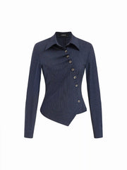 Cotton-blend Collar Check Asymmetrical Wrap Blouse