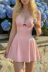 Cotton-blend V-neck Polka Dot Bowknot Smock Mini Dress