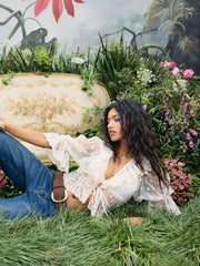 Mesh V-neck Knotted Ruffle Blouse