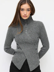 Knit Stand Collar Long Sleeve Wrap Split Button Top