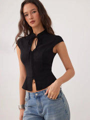 Stand Collar Short Sleeve Tie Front Cut Out Backless Slim Blouse