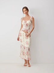 Mesh Floral Bowknot Cami Top & Mid Rise Maxi Skirt Set