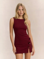 Boat Neck Floral Split Mini Dress