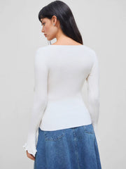 Knit U-neckline Lettuce Trim Split Top