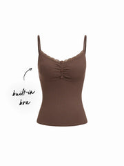 Cotton-blend V-neck Lace Panel Ruched Cami Top