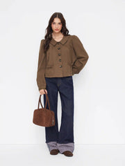 Cotton-blend Collar Puff Sleeve Bowknot Oversized Blouse