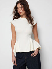 Knit Stand Collar Peplum Hem Short Sleeve Top