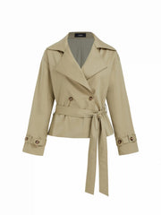 Cotton-blend Collar Long Sleeve Belted Crop Windbreaker