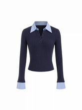 Cable Knit Collar Long Sleeve Stripe Top