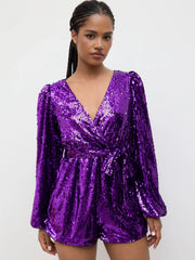 Sequin V-neck Solid Belted Romper
