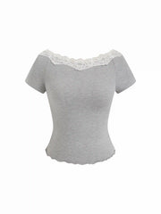 Cotton-blend Boat Neck Lace Lettuce Trim Short Sleeve Top