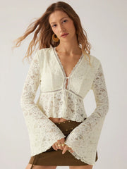 Floral Lace V-Neck Bell Sleeve Cropped Top