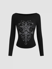 Boat Neck Star Graphic Long Sleeve Tee