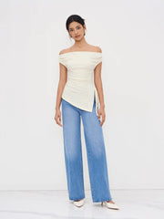 Off-shoulder Ruched Knotted Asymmetrical Hem Top