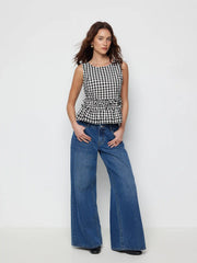 Cotton-blend Gingham Boat Neck Ruffled Top