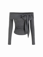 Wool-blend Off-shoulder Bowknot Ruched Top