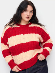 Cable Knit Striped Round Neckline Oversized Sweater Curve & Plus