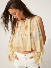 Chiffon Abstract Tie Dye V-Neck Ruffled Raglan Sleeve Oversized Blouse