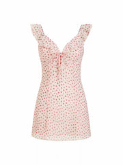 Chiffon Floral Sweetheart Ruffle Sleeve Tie Front A-line Mini Dress