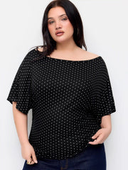 Polka Dot Boat Neck Tie Back Batwing Sleeve Top Curve & Plus