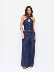 Washed Denim Halter Neck Cut Out Criss Cross Button Shirred Top