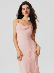 Mesh Ruffle Hem Ruched Midi Dress