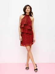 Chiffon Cherry Graphic Halter Neckline Ruffled Tie Back Blouse