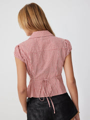 Cotton-blend Gingham Peter Pan Collar Puff Sleeve Double Breasted Blouse