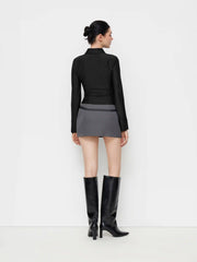 Collar Ruched Zip Through Long Sleeve Top