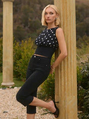 Chiffon Boat Neck Polka Dot Lace Up Tank Top