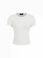 Cotton-blend Contrast Stitch Ruched Puff Sleeve Tee