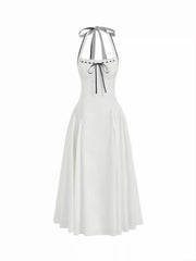 Linen-blend Halter Neckline Bowknot Contrast Binding Draped Flared Maxi Dress