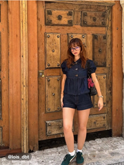 Denim Peter Pan Collar Ruched Puff Sleeve Blouse
