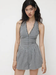 Gingham Halter Neckline Shirred Romper