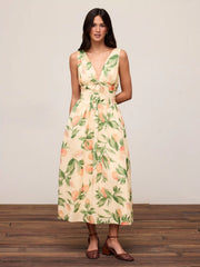 Fruit Graphic V-neck High Rise Draped Flared Maxi Dress