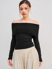 Off-shoulder Knitted Long Sleeve Top