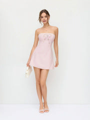 Linen-blend Floral Bowknot Embroidery Lace up Flared Mini Dress