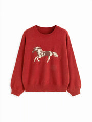 Knit Horse Pattern Round Neckline Oversized Sweater Curve & Plus