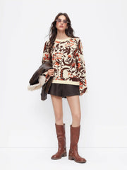 Knit Flower Graphic Round Neckline Abstract Long Sleeve Oversized Top